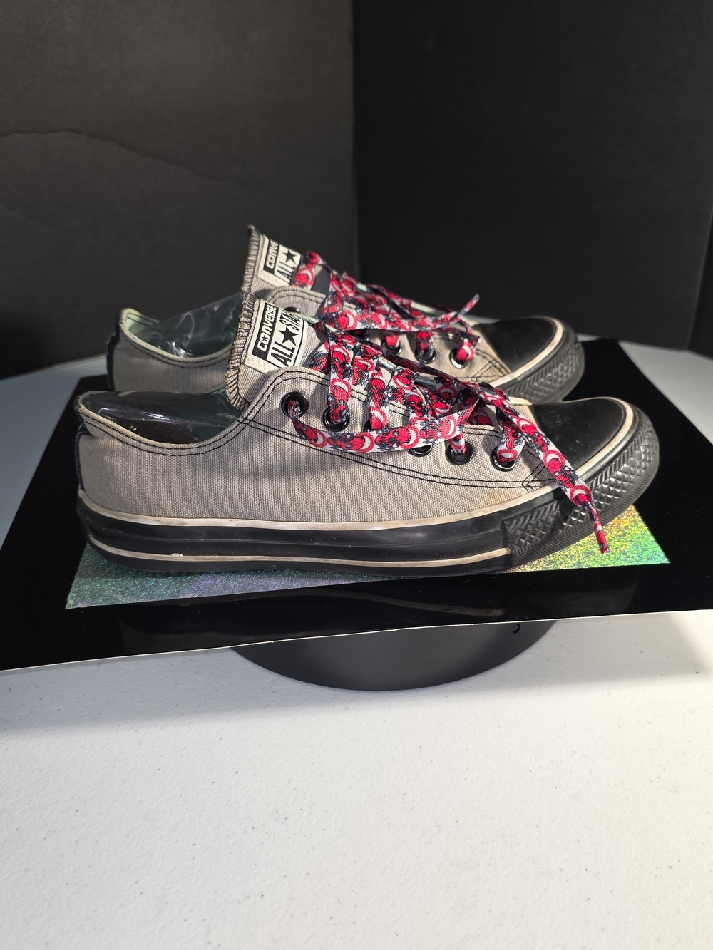 Converse Gray and Black Low-Top Sneakers  Red Laces Sz 7 **work Shoes? Custom***